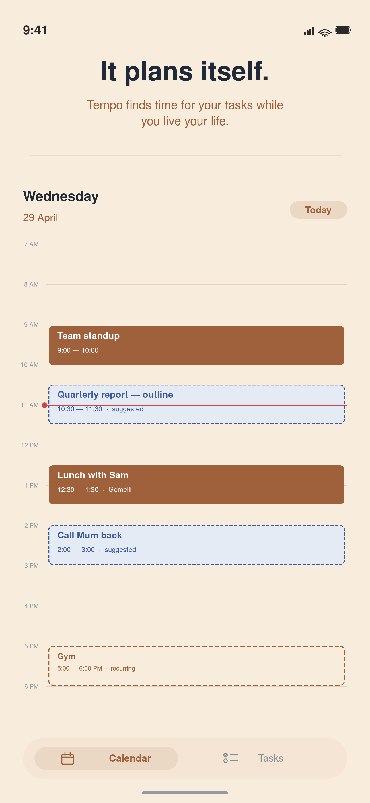 Tempo day view showing time-blocked schedule
